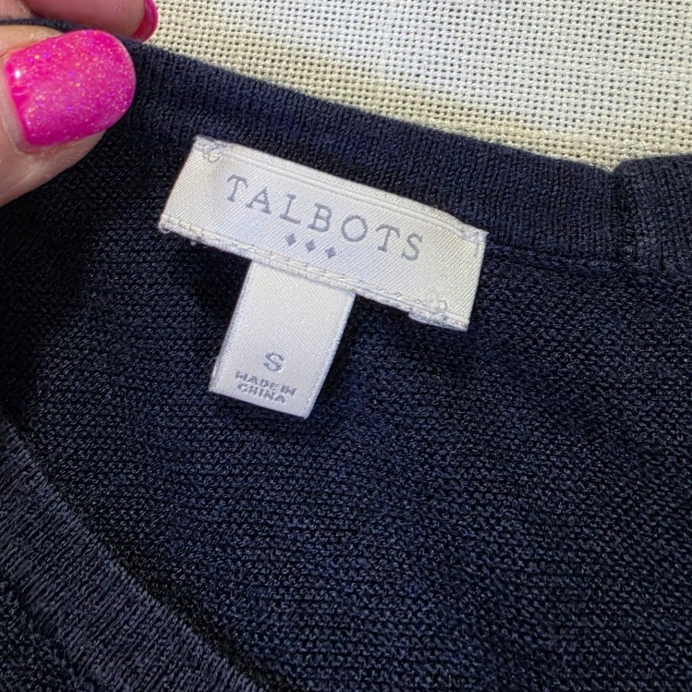 Talbots Navy Cotton Rayon Knit Lng Sleeve Pocket Top Women Boxy Minimalist Small - Picture 4 of 6